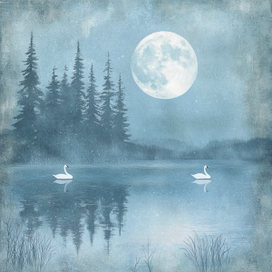 Two swans swim on a tranquil lake under a large full moon