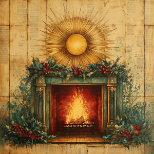 Vibrant Christmas Fireplace with Holly and Sunburst