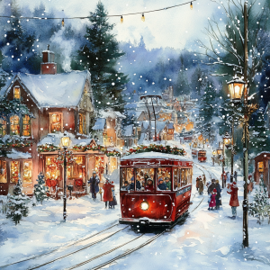 Vintage Christmas village with red tram in snowfall Keywords Christmas, snow, village, tram