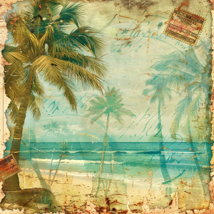 Vintage beach scene with palm trees and handwritten script