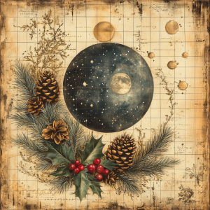 Vintage celestial map with pine cones and holly astronomy