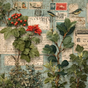 Vintage floral and postage stamp collage background