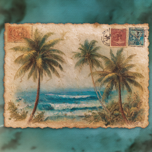 Vintage postcard of a tropical beach with palm trees and stamps