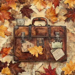 Vintage suitcase surrounded by autumn leaves and old maps