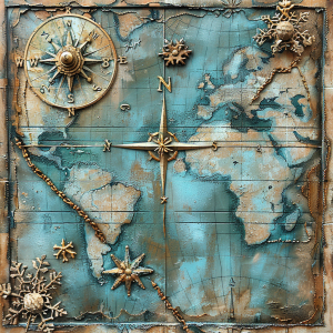 Vintage world map with compass and snowflakes antique