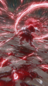 Warrior with red energy sword in battle female