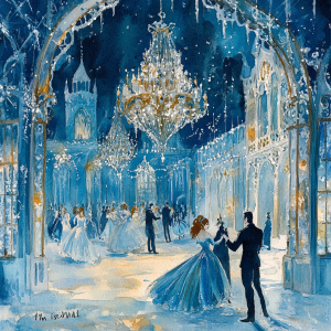 Watercolor painting of a grand ice ballroom with dancing couples