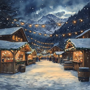 Winter Christmas market at dusk with mountain backdrop