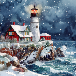 Winter lighthouse and red house on a stormy coast snow