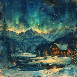 Winter mountain village with aurora borealis and snowy landscape