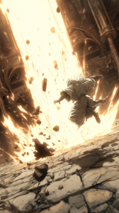 Wizard casting a powerful spell in a ruined hall mage