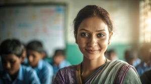 Woman in a sari smiles in a classroom with students blurred in background