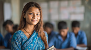 Young female teacher smiles in a classroom with students blurred in background