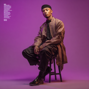 Young man in ornate robe and kufi on a stool seated