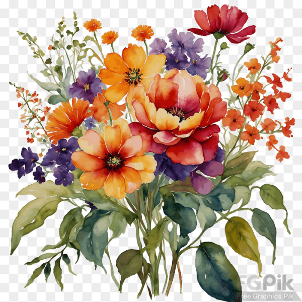 Bouquet of colorful flowers Vibrant Watercolor Floral Illustration with Colorful Blooms and Leaves