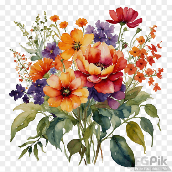 Bouquet of colorful flowers Vibrant Watercolor Floral Illustration with Colorful Blooms and Leaves
