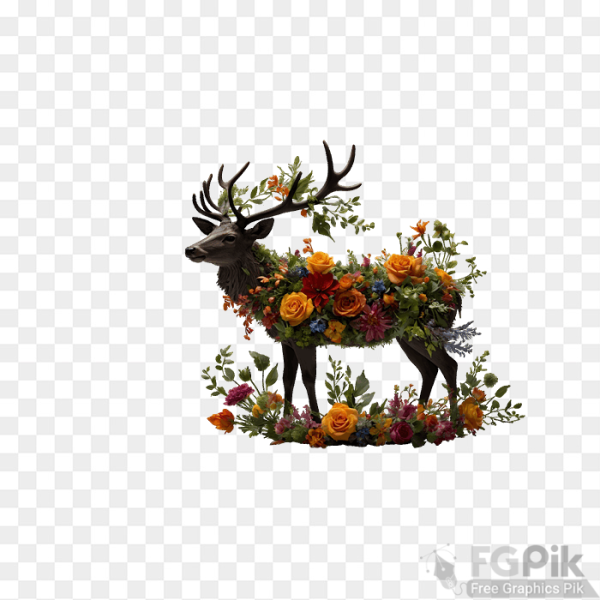 Fantasy Deer with Vibrant Floral Decorations and Antlers in White Background